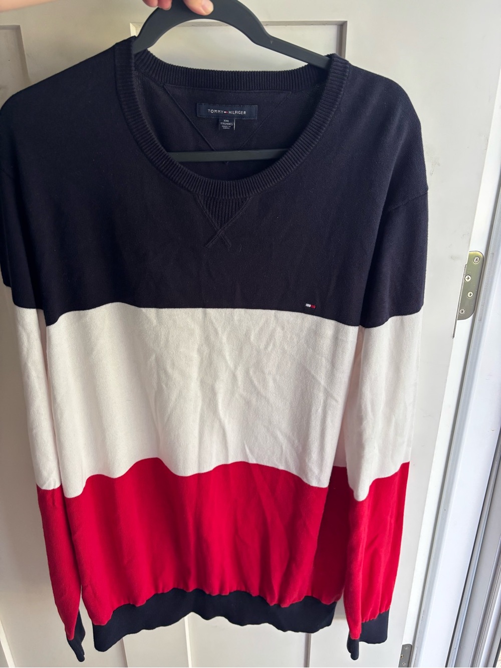 Tommy Hilfiger Men’s Colorblock Crewneck Sweater — Navy, White & Red